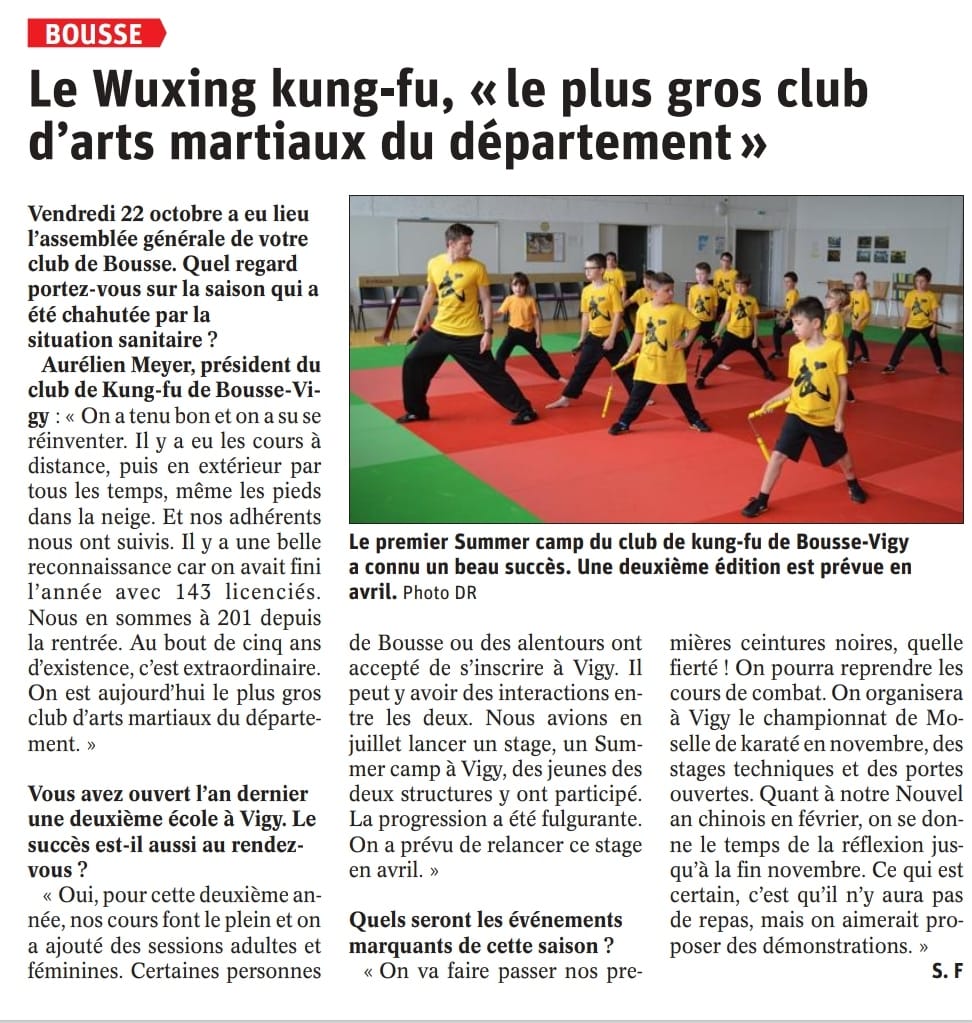 Le Wuxing Kung-Fu plus gros club d'arts martiaux du département article républicain lorrain 27 octobre 2021